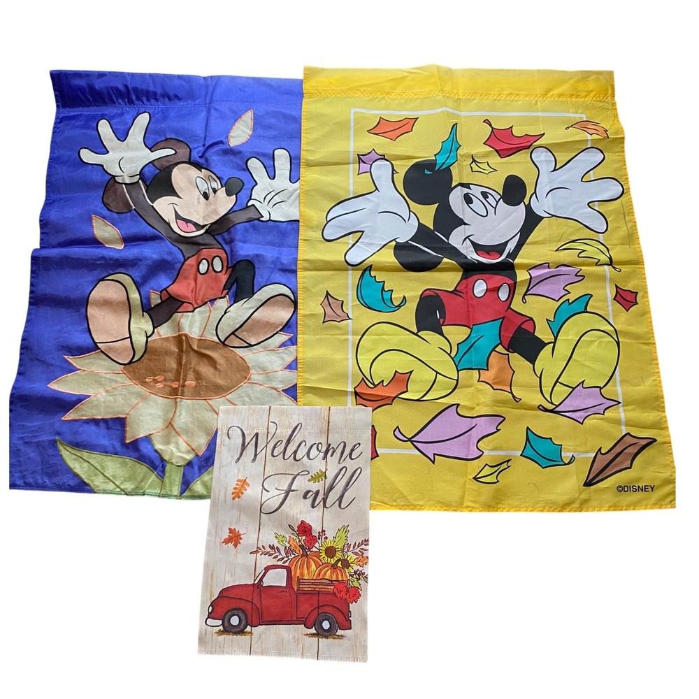Vintage, Lot of 3, Disney Mickey Mouse Fall Garden Flags, Pumpkin Truck, Welcome